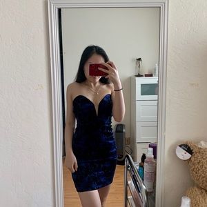 Strapless blue/black lace floral dress